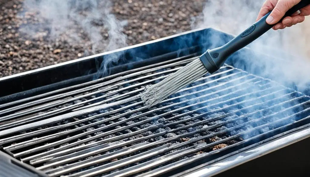 Grill grate being cleaned with a brush as smoke rises during summer barbecue preparation.