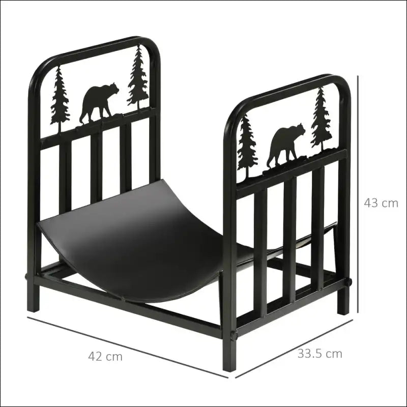 Black metal log rack featuring charming bear-shaped firewood and pine tree silhouette design