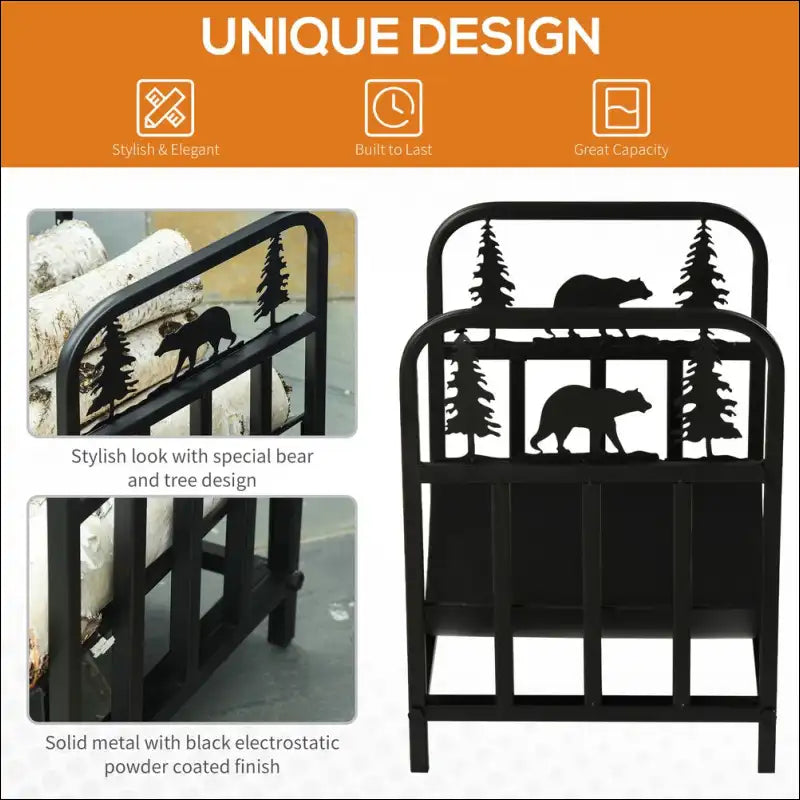 Metal headboard with bears and trees on charming bear-shaped firewood log rack