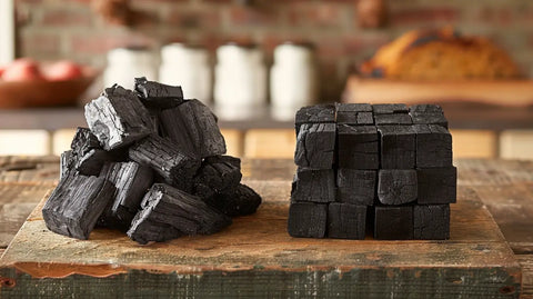 Chunks of black charcoal on a wooden surface for BBQ preparation and guidance.