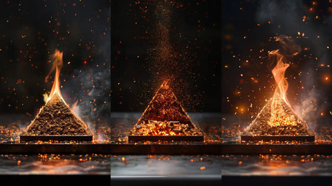 Three pyramid-shaped piles of burning charcoal with flames for BBQ cooking.