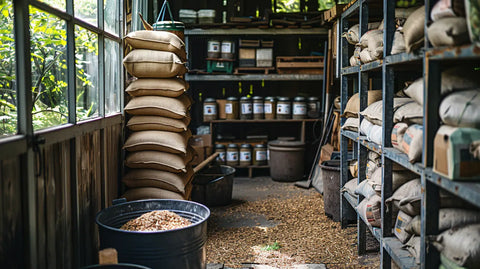 Stack of ceramic pottery plates waiting to be fired in a workshop studio setting.