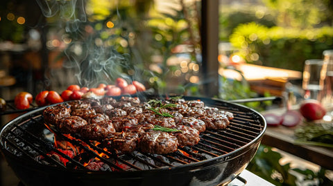 Juicy steaks sizzling on a round barbecue grill in a charcoal cooking guide.