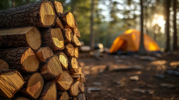 Stack of chopped firewood logs illuminated by warm sunlight in a cozy setting