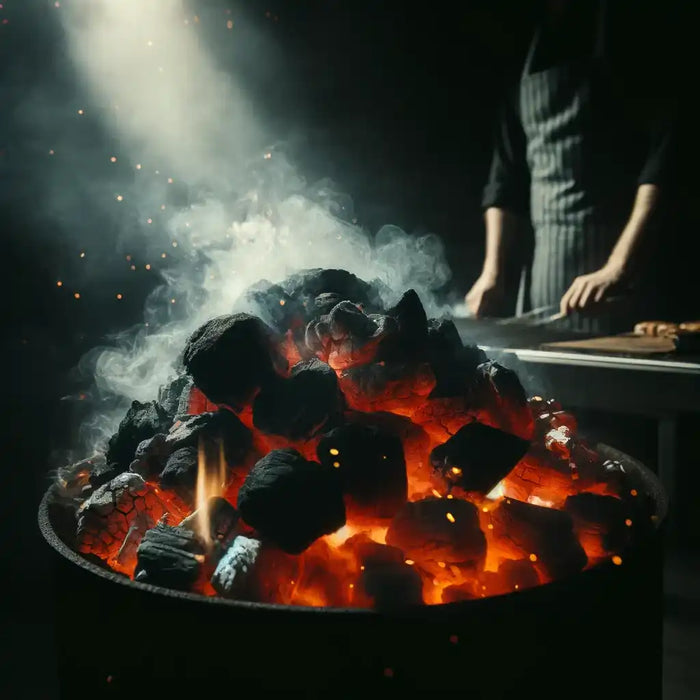 Glowing charcoal briquettes.