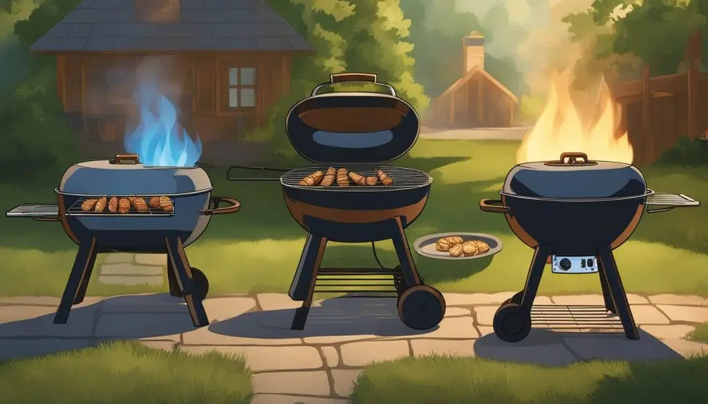 Three barbecue grills on a patio cooking diverse foods for outdoor dining.