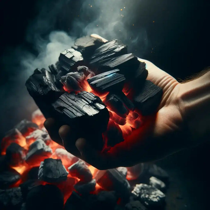 Burning coal held in hand.