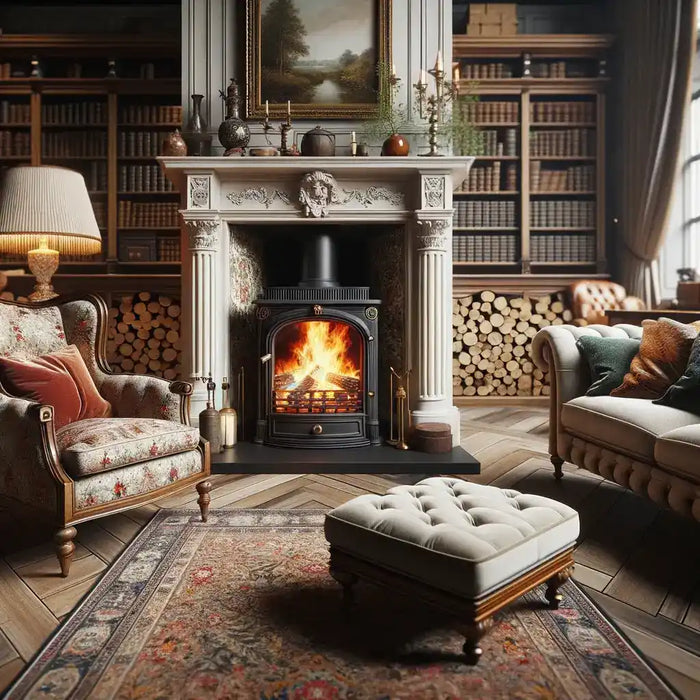 Cozy fireplace with burning logs.