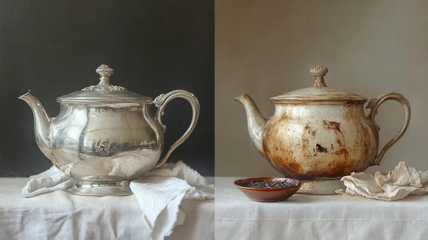 Two teapots, polished silver and tarnished, on a white cloth for home decor inspiration.