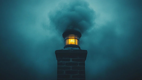 Illuminated lighthouse tower shining through a dark misty sky in an article on firewood costs