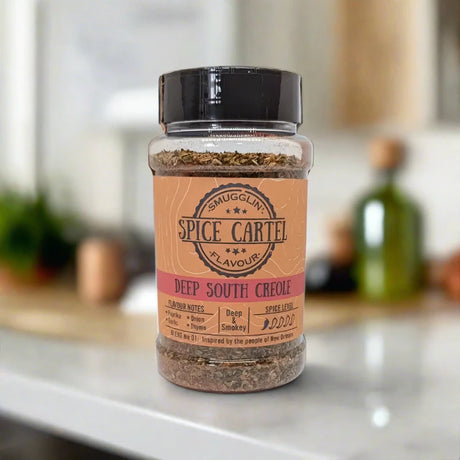 Deep South Creole 240g Shaker On Table, a Jar Of Spices
