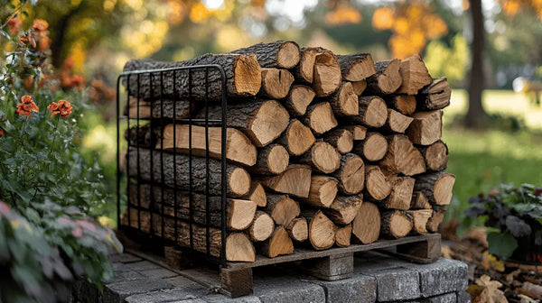 Stack of kiln-dried firewood logs neatly arranged in a metal cage for optimal storage.