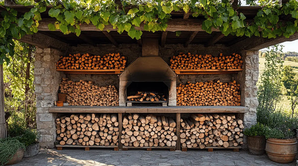 Outdoor stone pizza oven surrounded by stacked firewood in a garden setting.