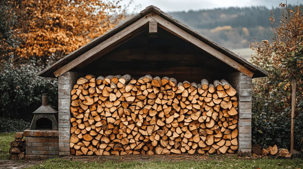 Wooden shed showcasing neatly stacked firewood for efficient firewood production.