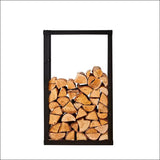 Elegant Black Firewood Log Rack With Neatly Stacked Firewood In a Sleek Black Frame