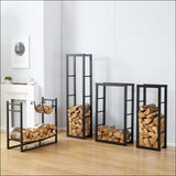 Elegant Black Firewood Log Rack By a Fireplace With Logs And Screen - Perfect For Bbq Charcoal