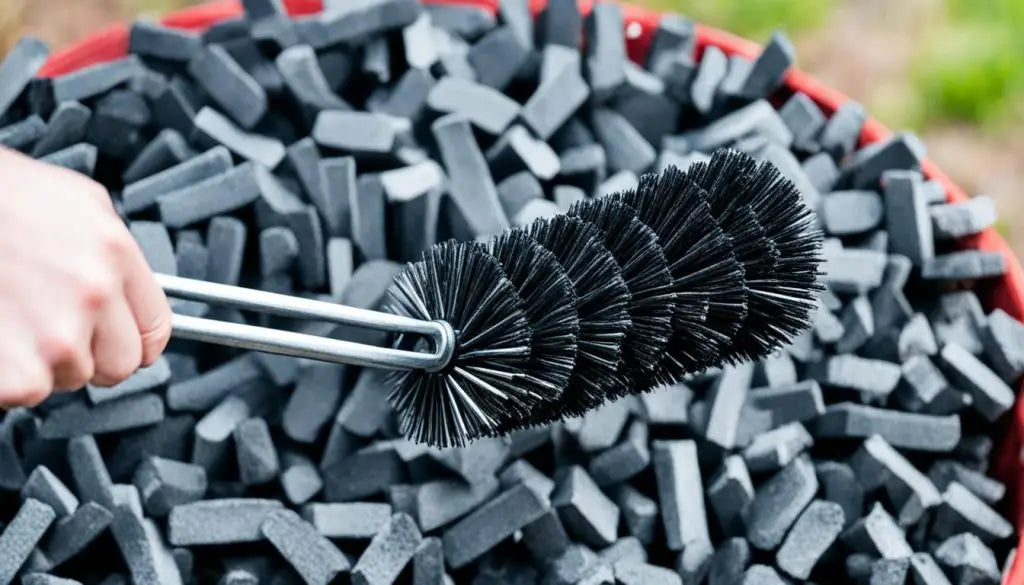 Cylindrical brush with black bristles held by metal tongs for charcoal grilling.