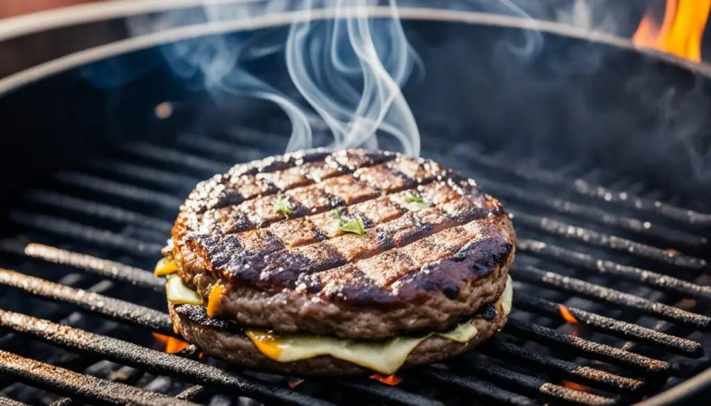 Juicy cheeseburger patty sizzling on a grill with steam and grill marks visible.