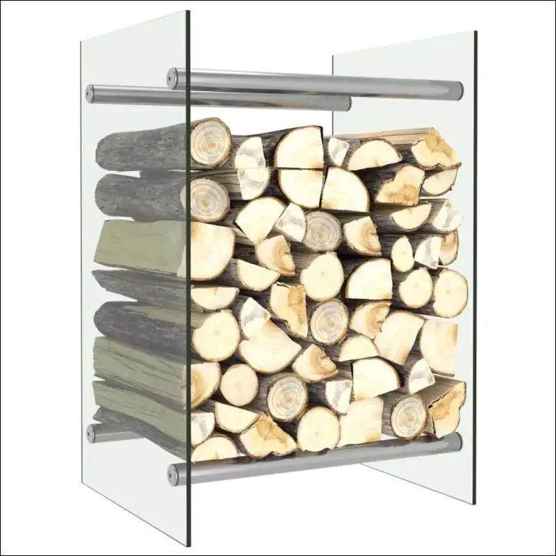 A Stack Of Logs In a Sleek Tempered Glass And Steel Rectangular Firewood Rack