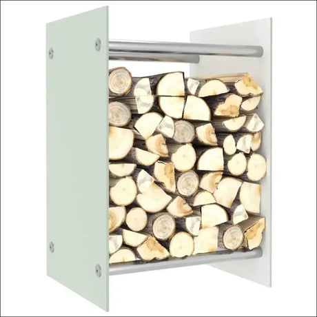 Rectangular Firewood Rack With Tempered Glass Door Open To Display Stacked Wood For Storage