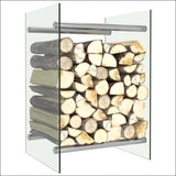 Rectangular Firewood Rack With Stacked Logs, Tempered Glass & Steel Design For Modern Decor