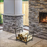 Stone fireplace with lit fire and Foldable Metal Firewood Log Rack for wood storage