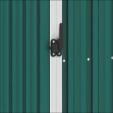 Green And White Door With Black Handle On a Galvanised Steel Garden Firewood Storage Shed