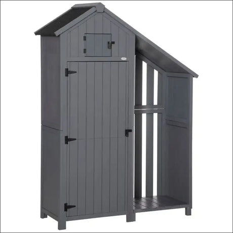 Gray wooden garden outdoor tool storage shed with firewood rack and three shelves