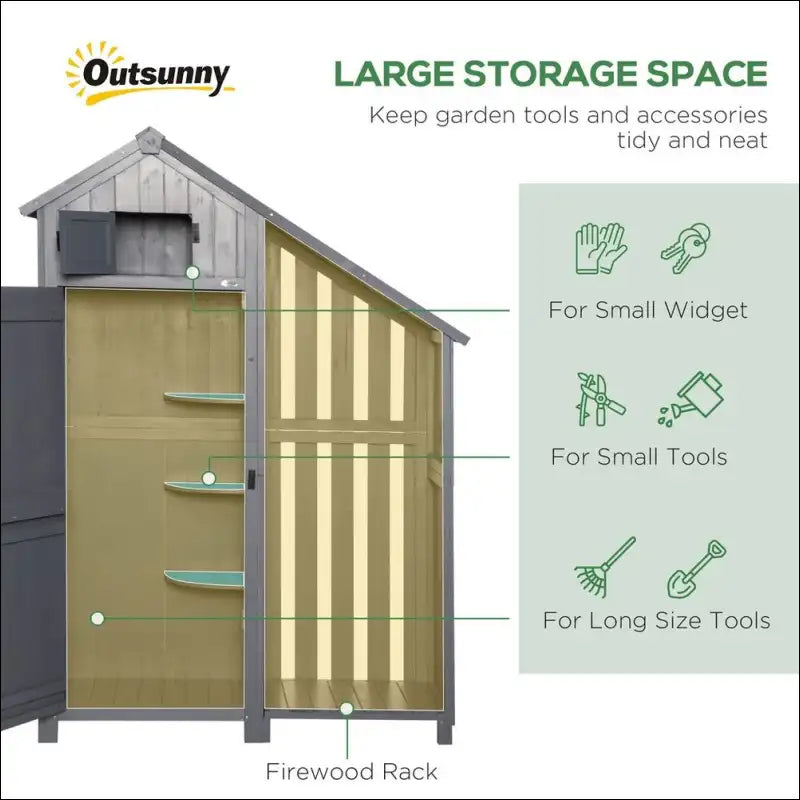 Garden Outdoor Wooden Tool Storage Shed with shelves and firewood rack in Grey