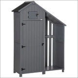 Gray wooden garden outdoor tool storage shed with open area and firewood rack