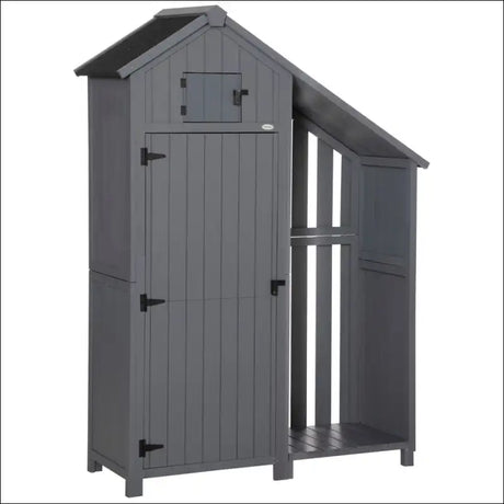 Gray wooden garden outdoor tool storage shed with open area and firewood rack