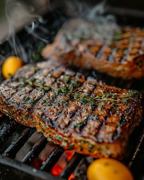 Grilled steak with herbs.