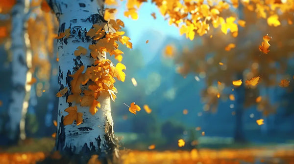 Birch tree trunk surrounded by golden autumn leaves in a serene forest setting.