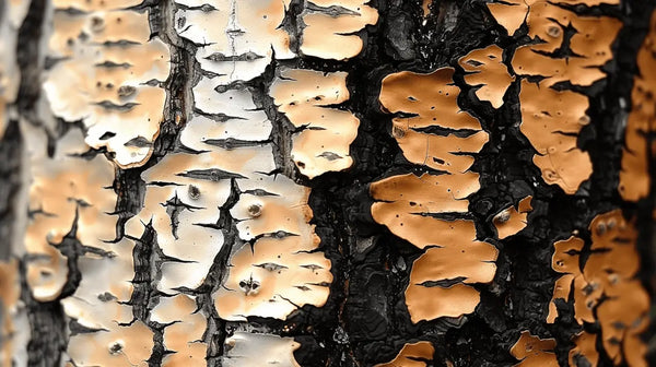 Clusters of shelf-like fungi on dark tree bark in a Birch forest ecosystem.