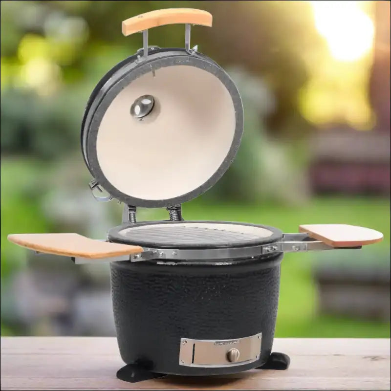 Kamado Barbecue Grill Smoker Ceramic 44 Cm With Black Body And Wooden Handle