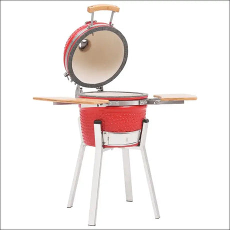 Kamado Barbecue Grill Smoker Ceramic With Wooden Handle On Display
