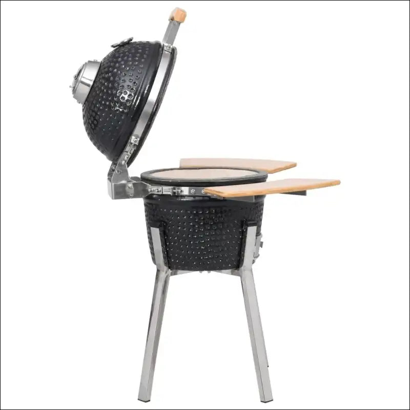 Close-up Kamado Barbecue Grill With Wooden Handle And Basket For Smoking