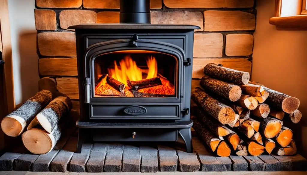 Wood-burning stove showcasing a roaring fire, ideal for UK homes using kiln dried logs.