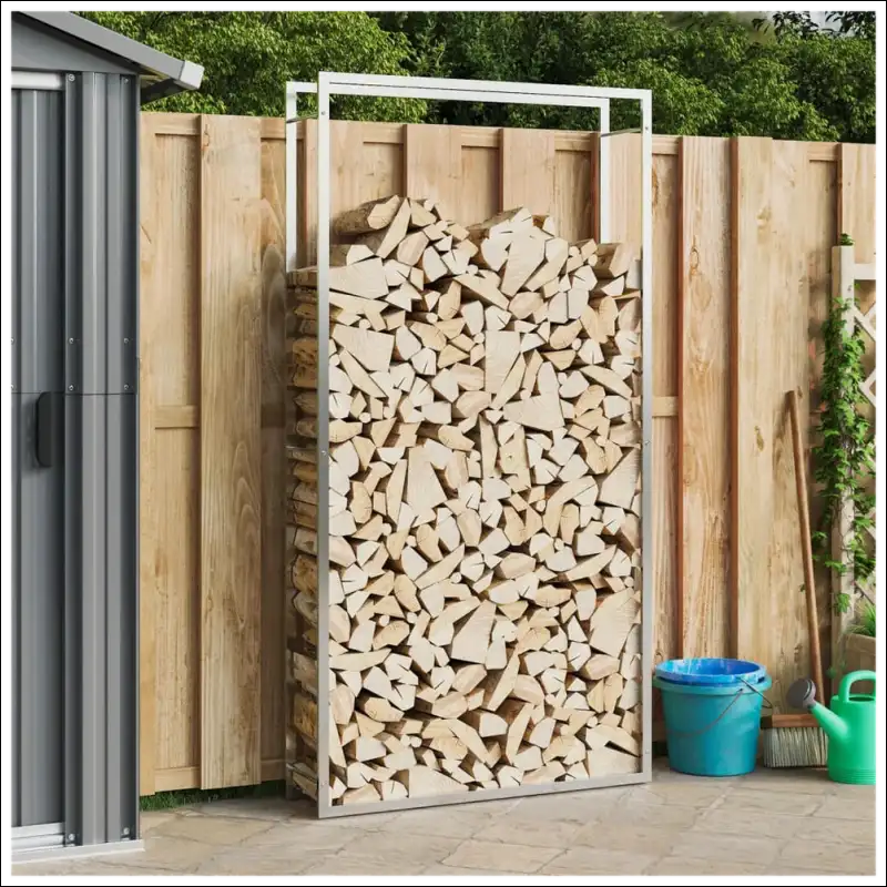 Wooden Shed With Firewood; Features Large Stainless Steel Log Rack For Outdoor Log Storage