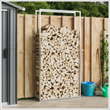 Wooden Shed With Firewood; Features Large Stainless Steel Log Rack For Outdoor Log Storage