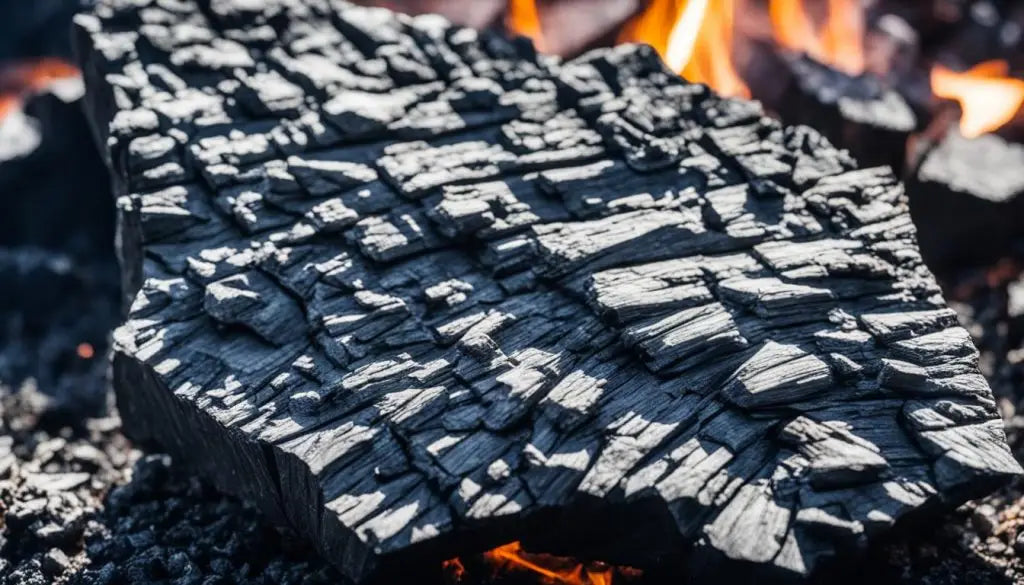 Charred wood with textured surface surrounded by glowing embers and flames.