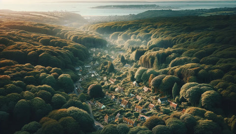 lush green woodlands with coast line visible and small hamlet