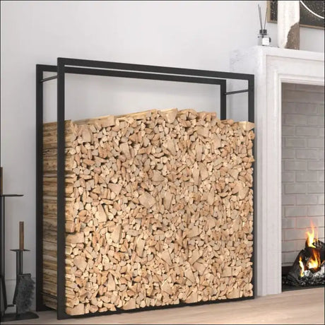 Matt Black Steel Firewood Rack With Logs Stacked On Top Beside a Cozy Fireplace