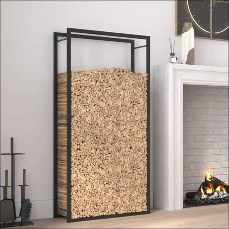 Matt Black Steel Firewood Rack Holding a Log In a Cozy Fireplace, Enhancing Home Warmth