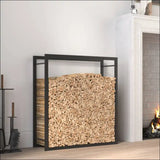 A Cozy Fireplace With a Firewood Log And Matt Black Steel Firewood Rack In Use