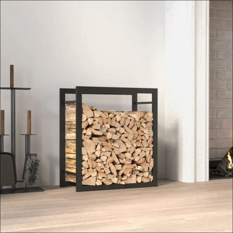 Cozy Fireplace With Logs In a Matt Black Steel Firewood Rack Adds Elegance And Warmth