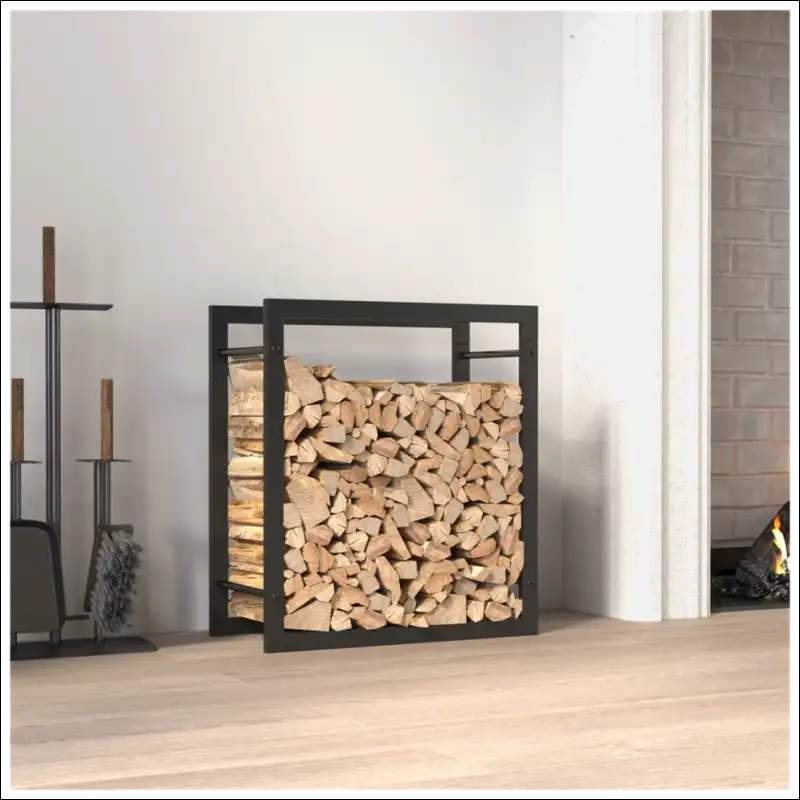 Matt Black Steel Firewood Rack Beside a Cozy Fireplace With Logs In It