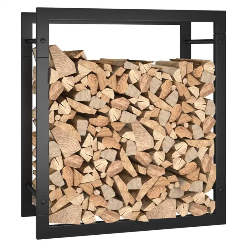 Matt Black Steel Firewood Rack Filled With a Neatly Stacked Pile Of Firewood