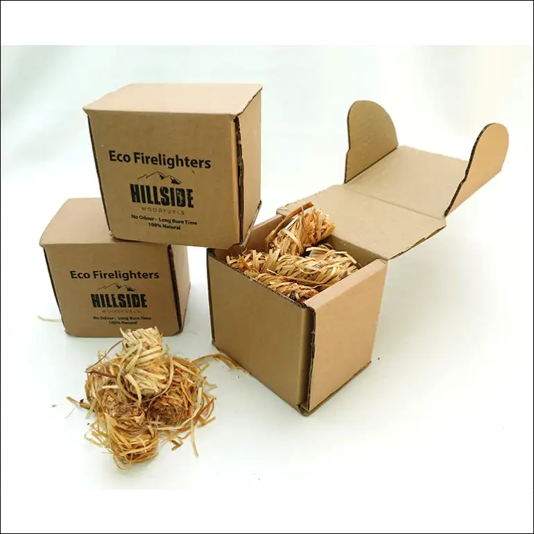 Three Wood Wool Firelighters In Cardboard Boxes Featuring a Bird Nest, Restaurant Grade Quality