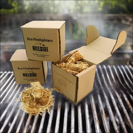 Three Boxes Of Restaurant-grade Wood Wool Firelighters With Chicken On a Grill